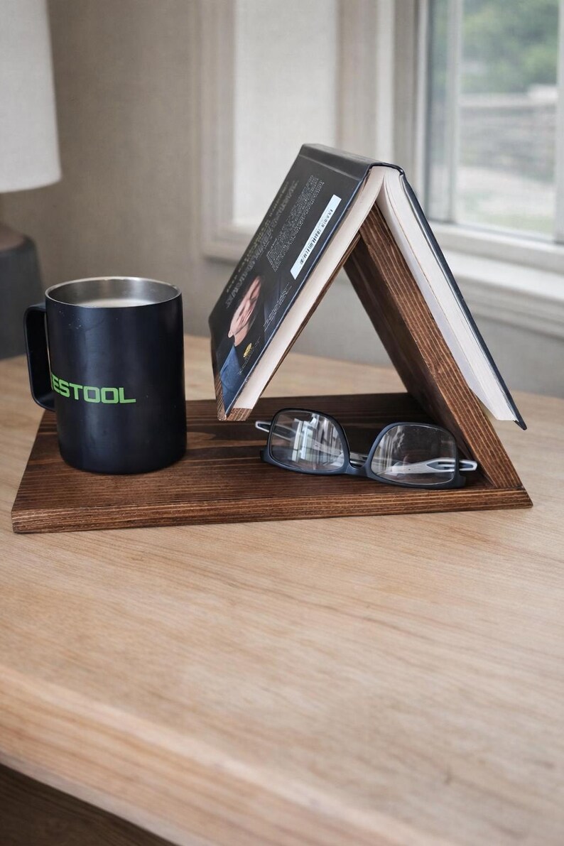 Solid cedar book stand holding a tablet