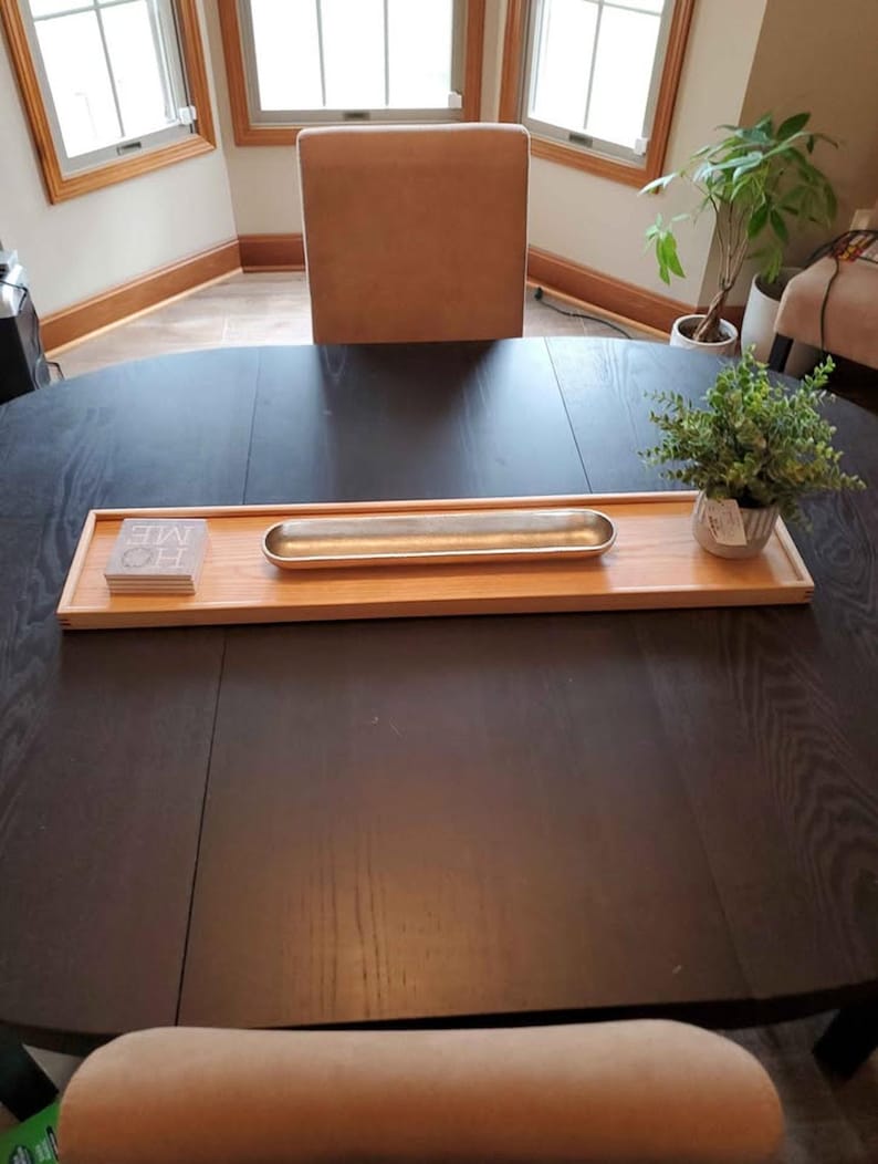 White oak and cedar table runner tray styled on a dining table