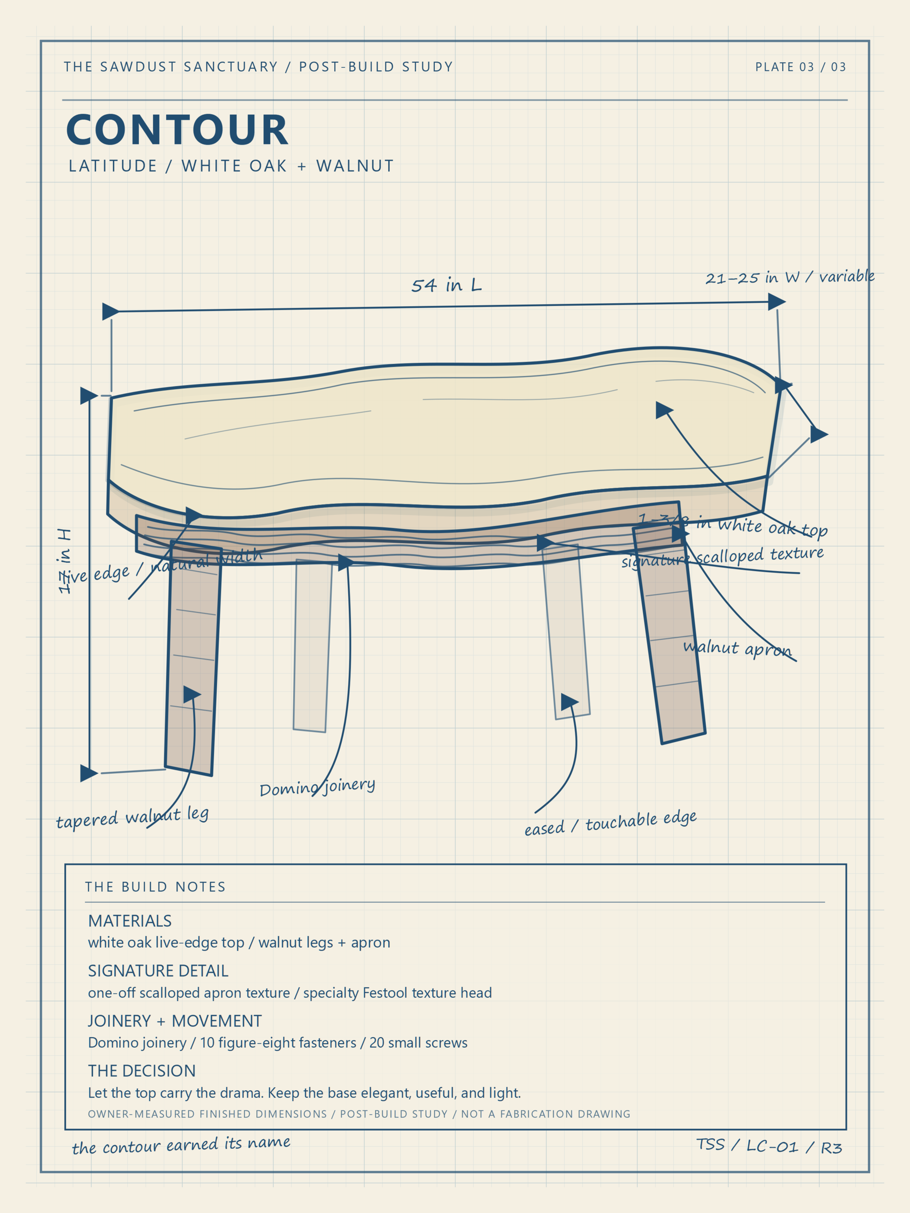 Post-build study of the Latitude Contour white-oak live-edge top with walnut legs and apron, showing owner-measured finished dimensions
