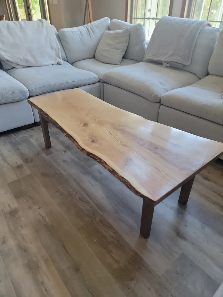 Contour white-oak live-edge coffee table with walnut legs and apron