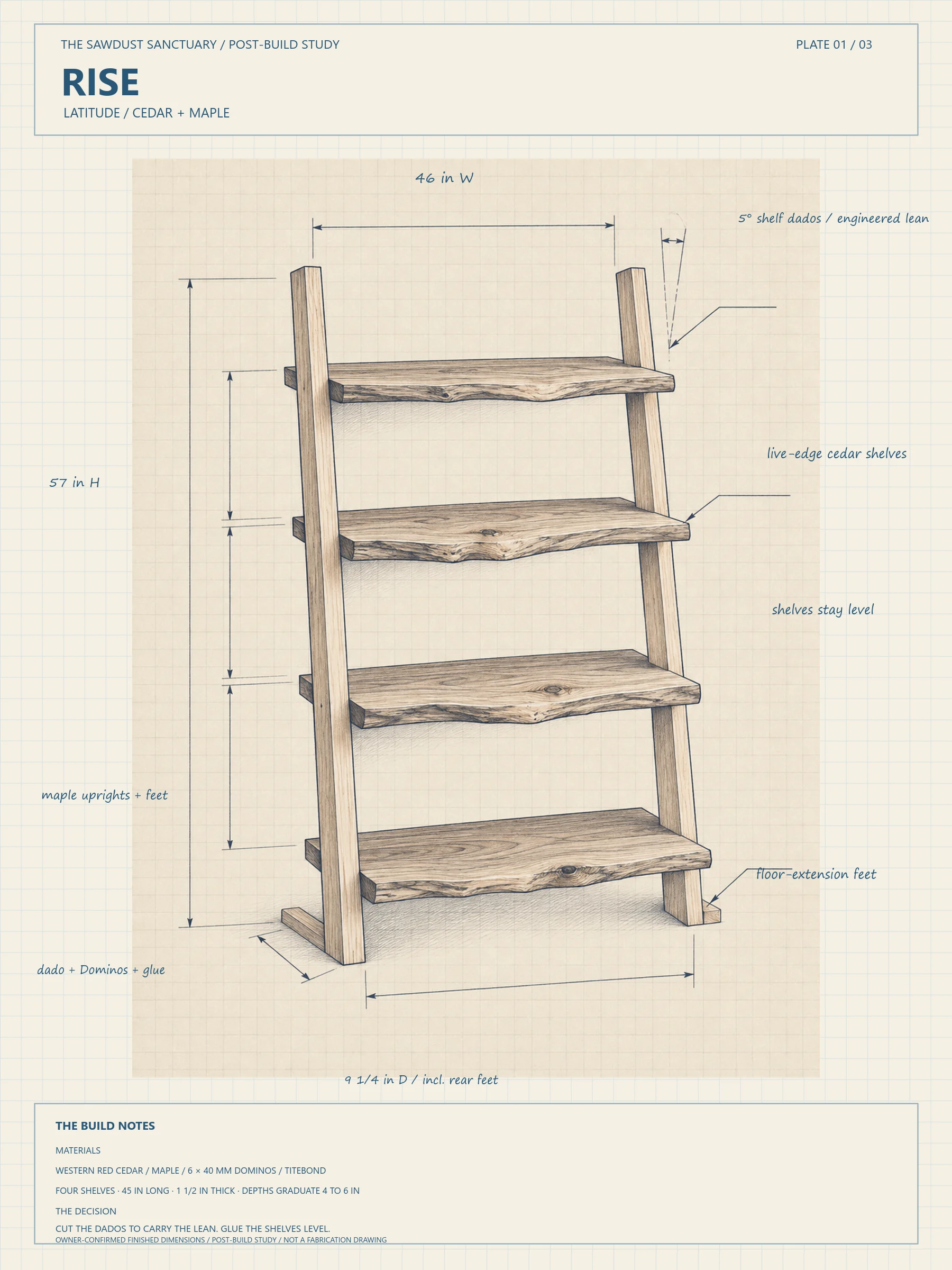 Owner-confirmed post-build study of Latitude Rise showing its maple uprights, four level live-edge cedar shelves, five-degree shelf dados, and finished dimensions