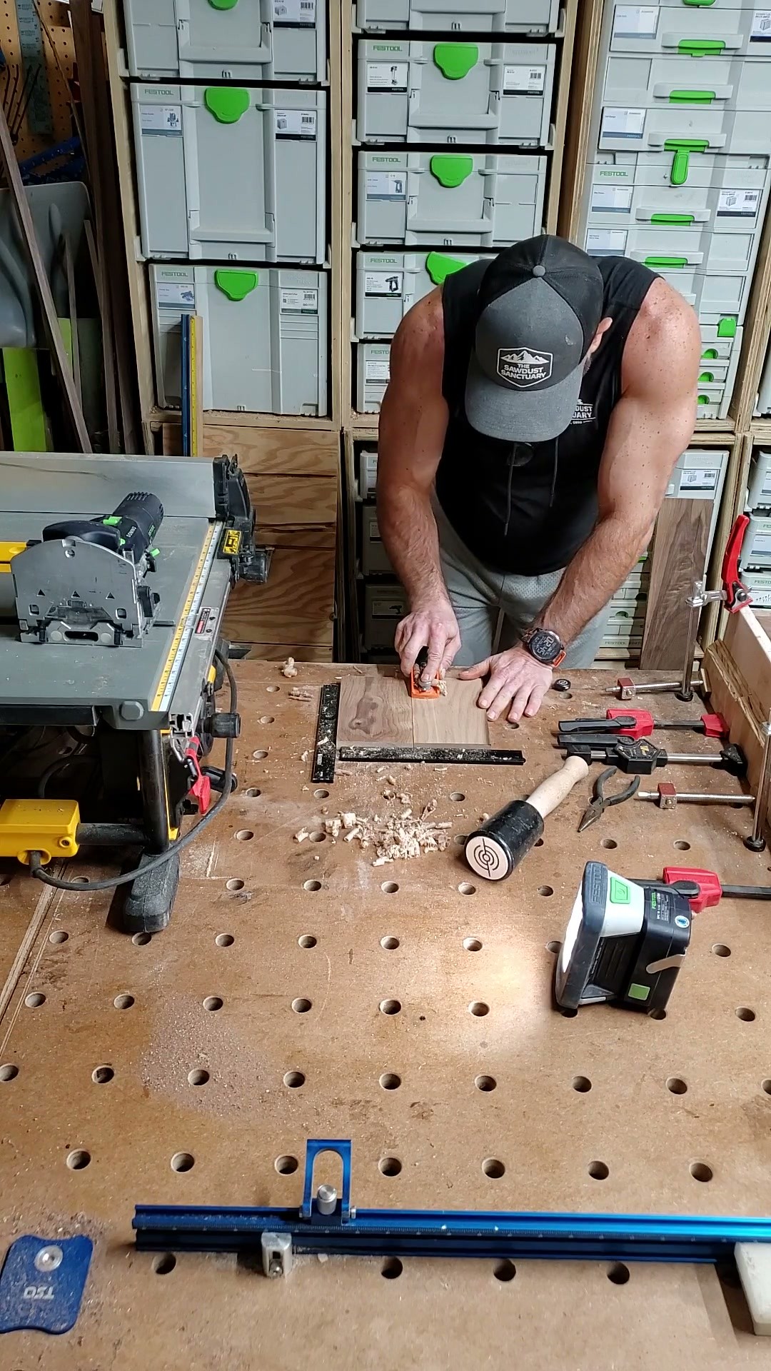 Steve Moore shaping a walnut component for the Outpost project at his Powell workbench