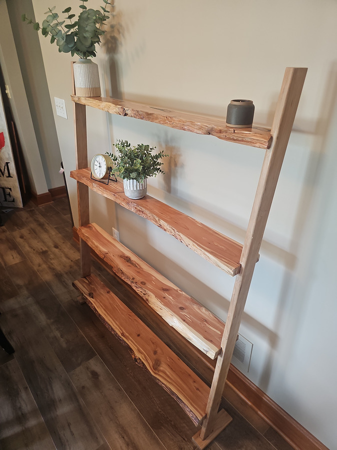 Rise live-edge cedar shelving with maple uprights